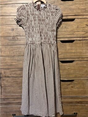 RIHOAS Brown Gingham Smocked Midi Dress